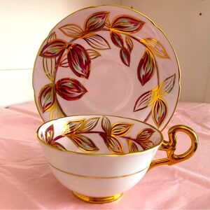 Royal Grafton Bone China Teacup and Saucer in Pink with Gold and Purple Leaves